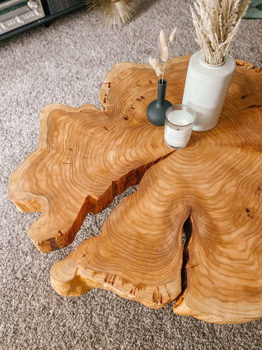 Detailed live edge cedar cookie coffee table finished in Rubio Monocoat