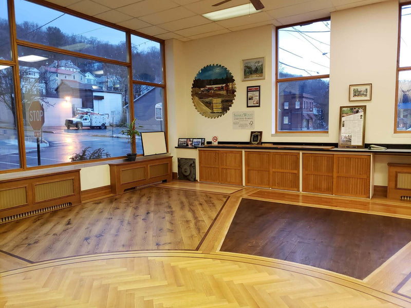 Hardwood flooring showroom with Rubio Monocoat on the floors.