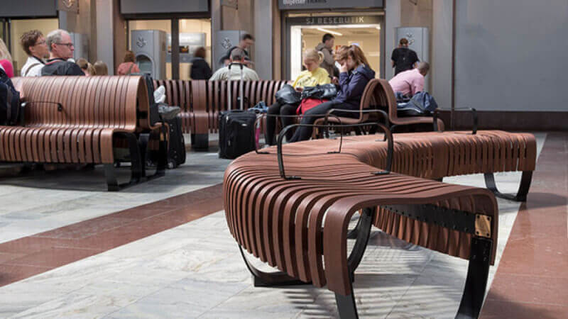 A wooden bench in the Stockholm Central Station that is finished with Rubio Monocoat.