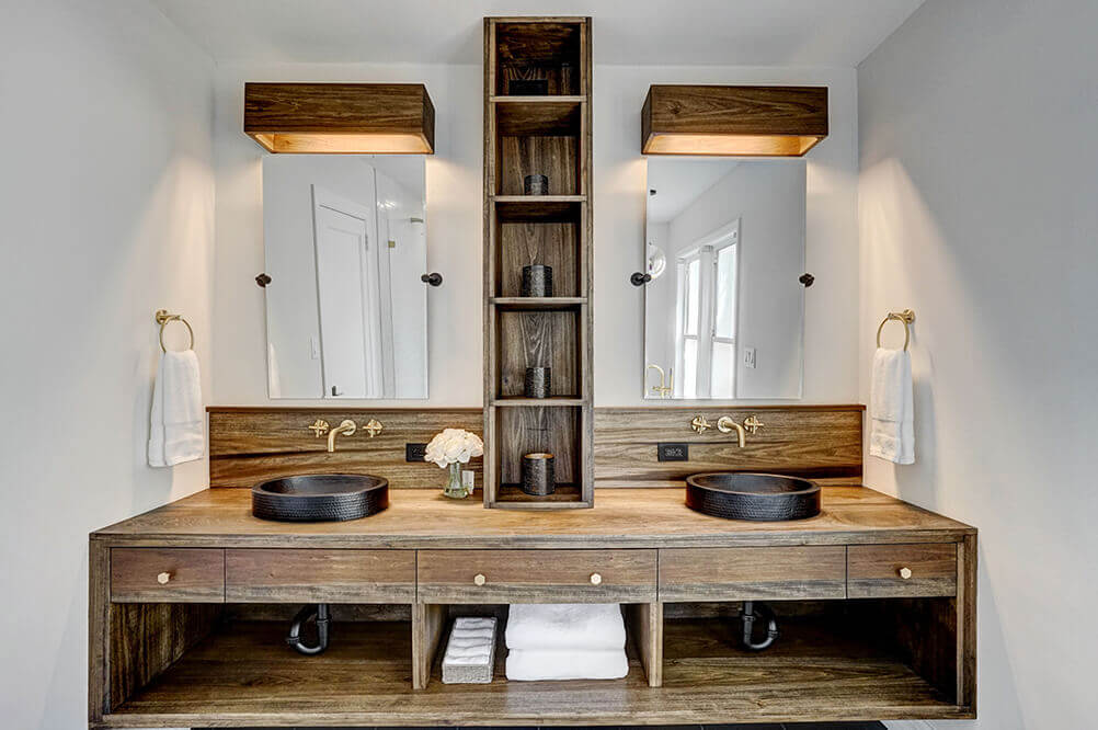 Gorgeous wooden bathroom vanity finished with Rubio Monocoat Oil Plus 2C.