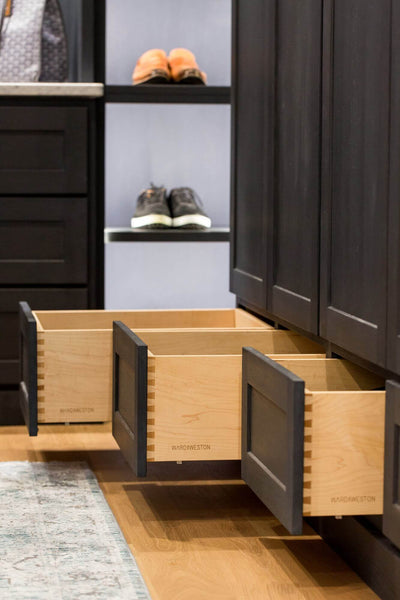 Closet cabinetry with lighted shoe shelves and dovetailed drawer construction.