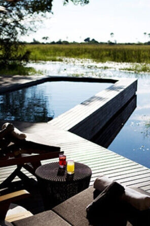 A raised deck pool with wood deck over an African marsh.